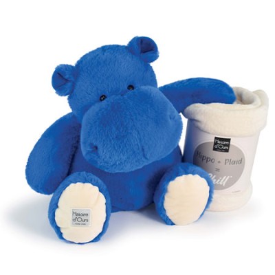 Peluche Géante 45 cm & Plaid - Hippopotame Bleu Royal