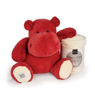 Peluche Géante Hippopotame rouge 45 cm et son Plaid