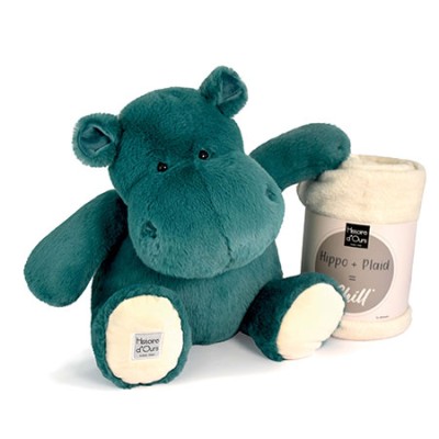 Peluche Géante 45 cm & Plaid - Hippopotame Vert Emeraude