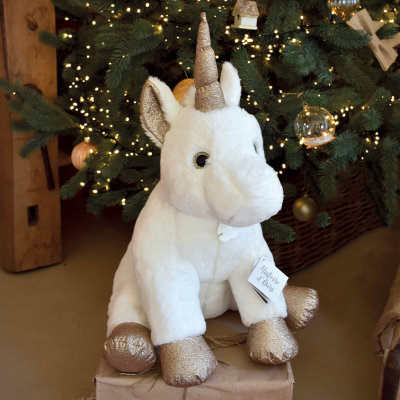 Peluche Licorne paillettes Blanche Or - 23 cm