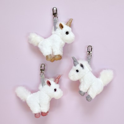 Porte-Clé Peluche Licorne Blanc Or - 14 cm