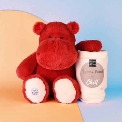 Peluche Géante Hippopotame rouge 45 cm et son Plaid