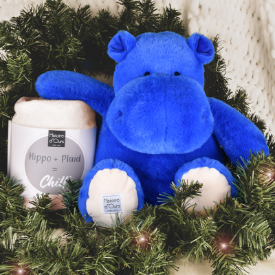 Peluche Géante Hippopotame bleu 45 cm et son Plaid