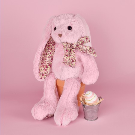 peluche lapin rose avec longues oreilles et tissu liberty