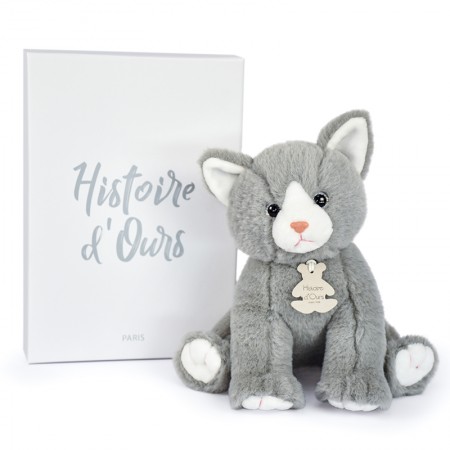 peluche chat gris assis