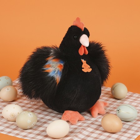 Grosse peluche poule noire avec crête rousse