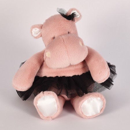 peluche hippopotame rose avec tutu  et noeud noir