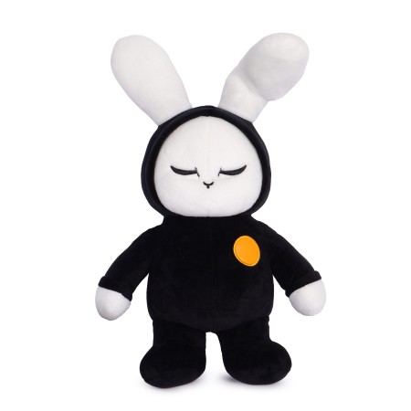 Peluche lapin BOHRUME en combinaison noire au visage blanc et paisible – 40 cm