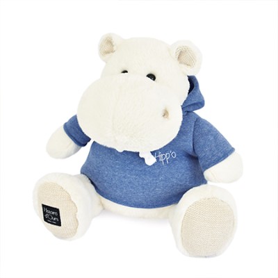 Peluche Hippopotame Blanc avec sweat Bleu Jeans - 45 cm