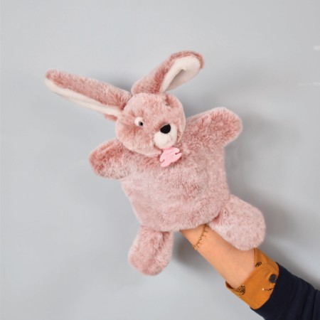 Marionnette à main lapin rose chiné pour enfant-  Histoire d'ours